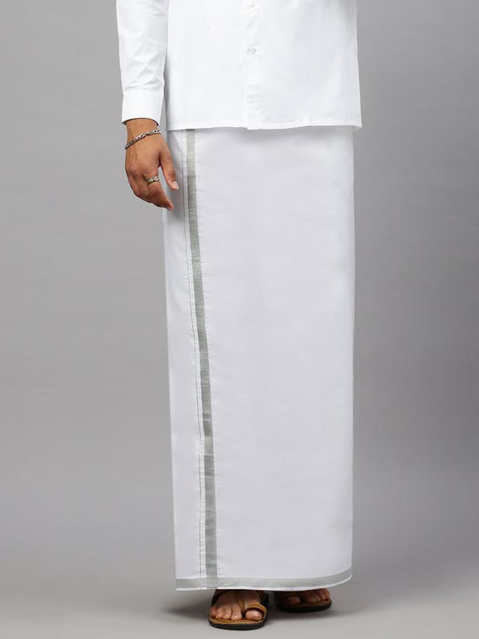 Men White 3/4"Silver Jari Double Layer Dhoti Ivory