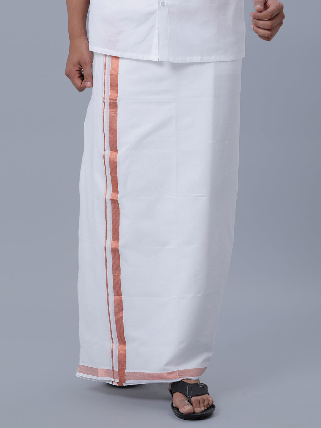 Mens Cotton White Single Dhoti with 1'' Copper Jari Border Winner-Front view