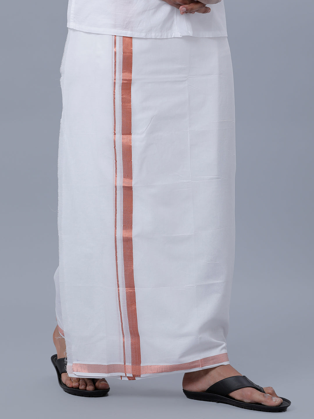 Mens Cotton White Single Dhoti with 1'' Copper Jari Border Winner-Side view