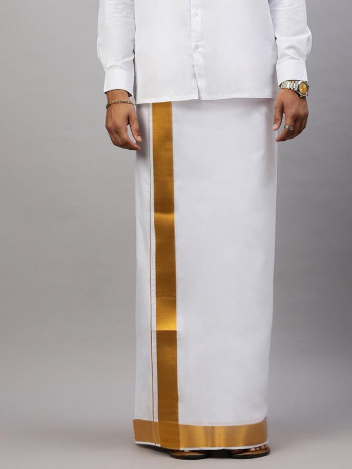 Men Double Dhoti White with Gold Jari 2" Gold Special Plain