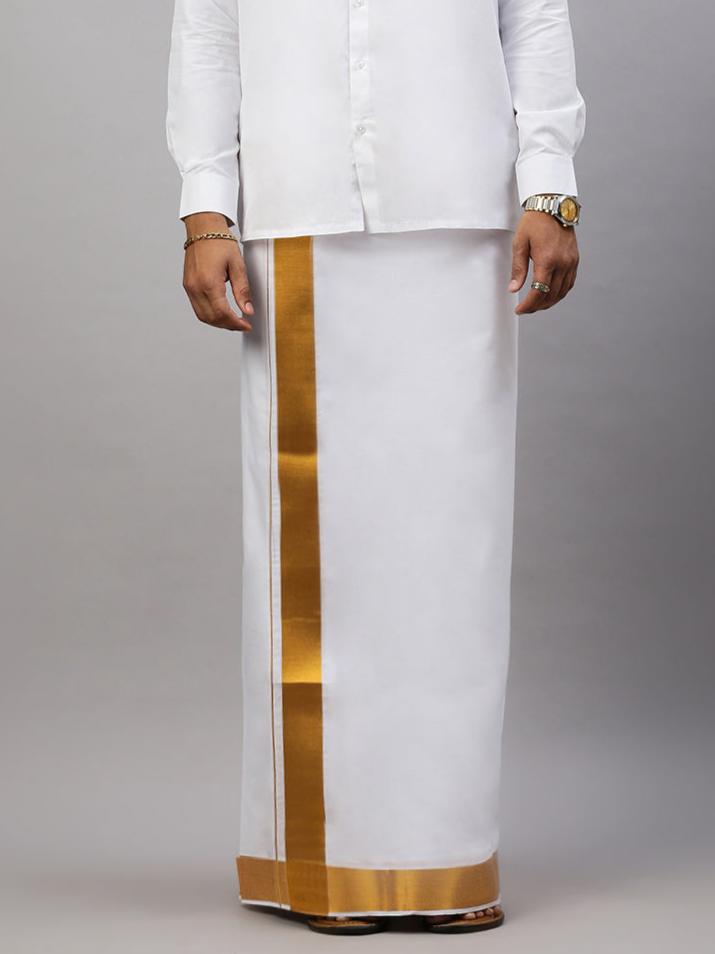 Men Double Dhoti White with Gold Jari 2" inch Gold Special Plain