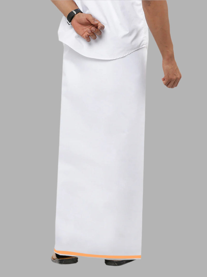 Mens White Single Dhoti with Orange Plain Big Border Marina
