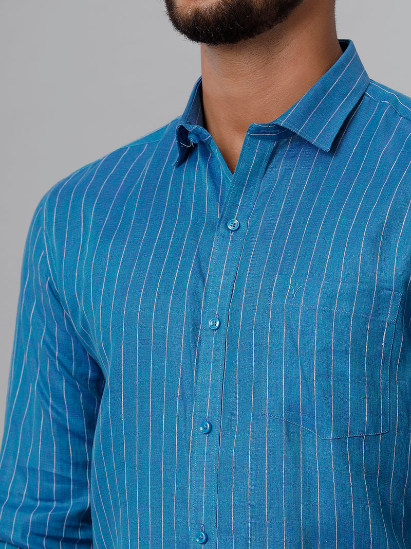 Mens Pure Linen Striped Full Sleeves Blue Shirt LS11