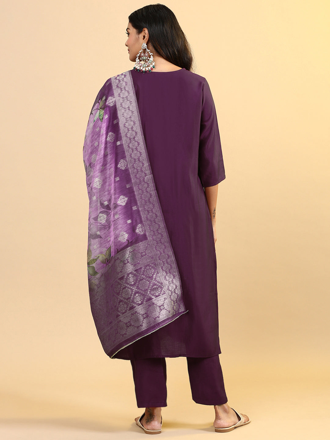 Women Cotton Embroidered Kurti Sets Purple EKS16