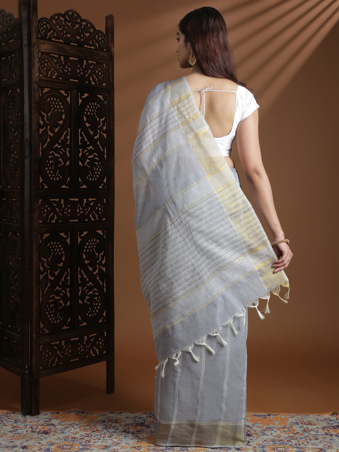 Women Grey Striped Cotton Jute Saree CJ07