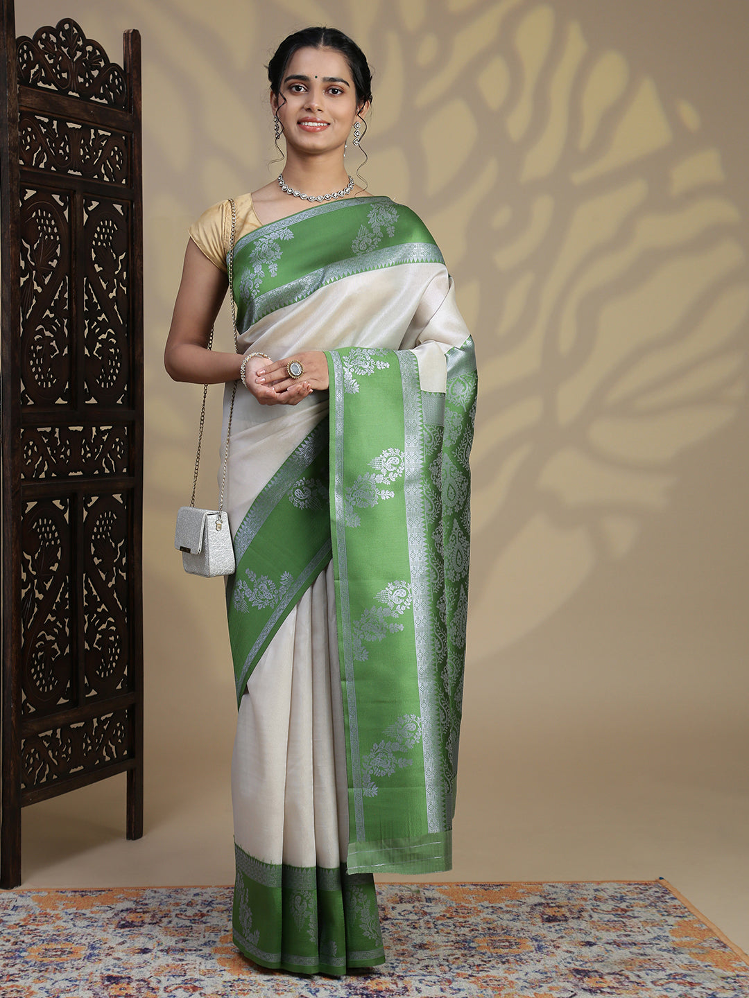 Women Silver Tissue Saree with Green Border TS63