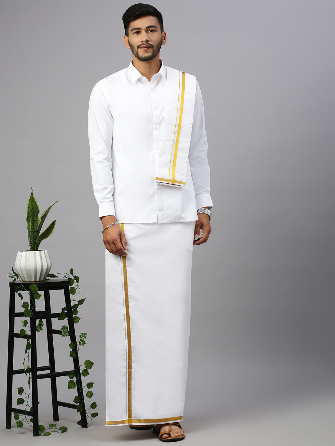 Men White with 3/4" Gold Jari Border Dhoti Shirt & Towel Set