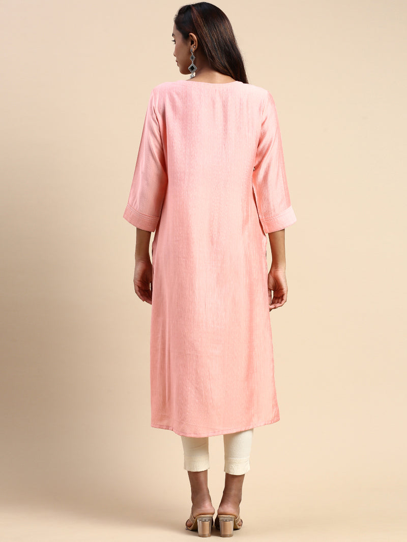 Women Cotton Embroidered Round Neck Straight Cut Pink Kurti EK35