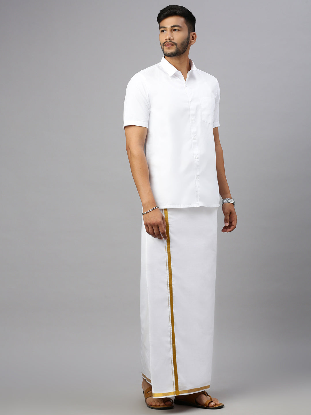 Men White Half Sleeves Shirt with 3/4" Inch Gold Jari Border Single Layer Dhoti Combo