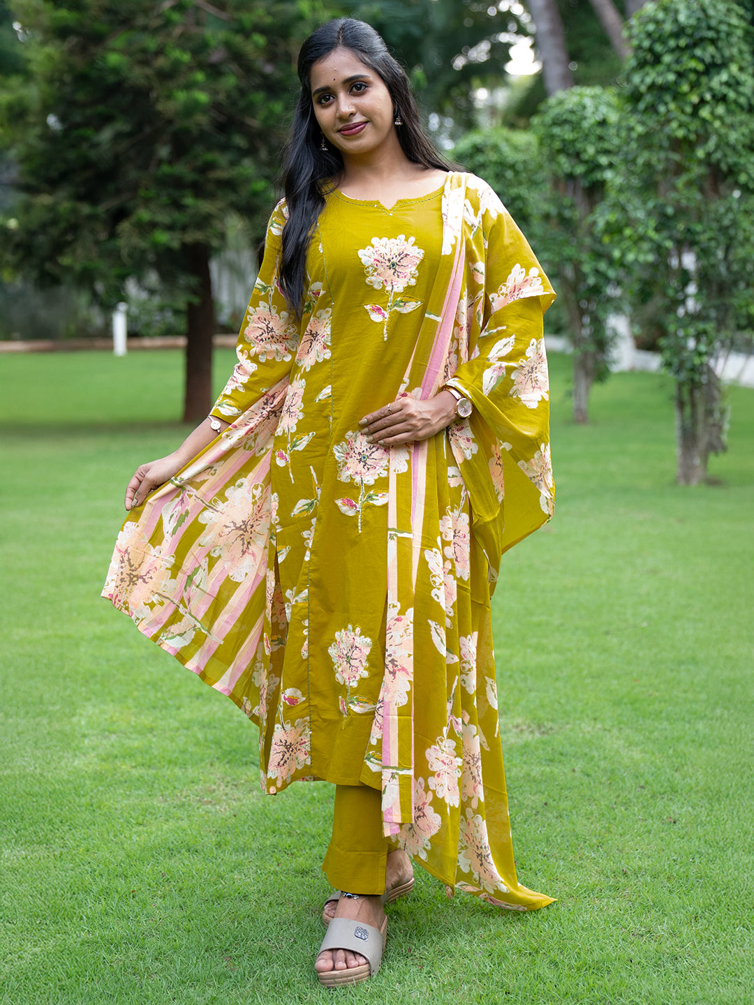Women Pure Cotton Embroidered Mustard Kurti with Pant & Dupatta Set EKS111