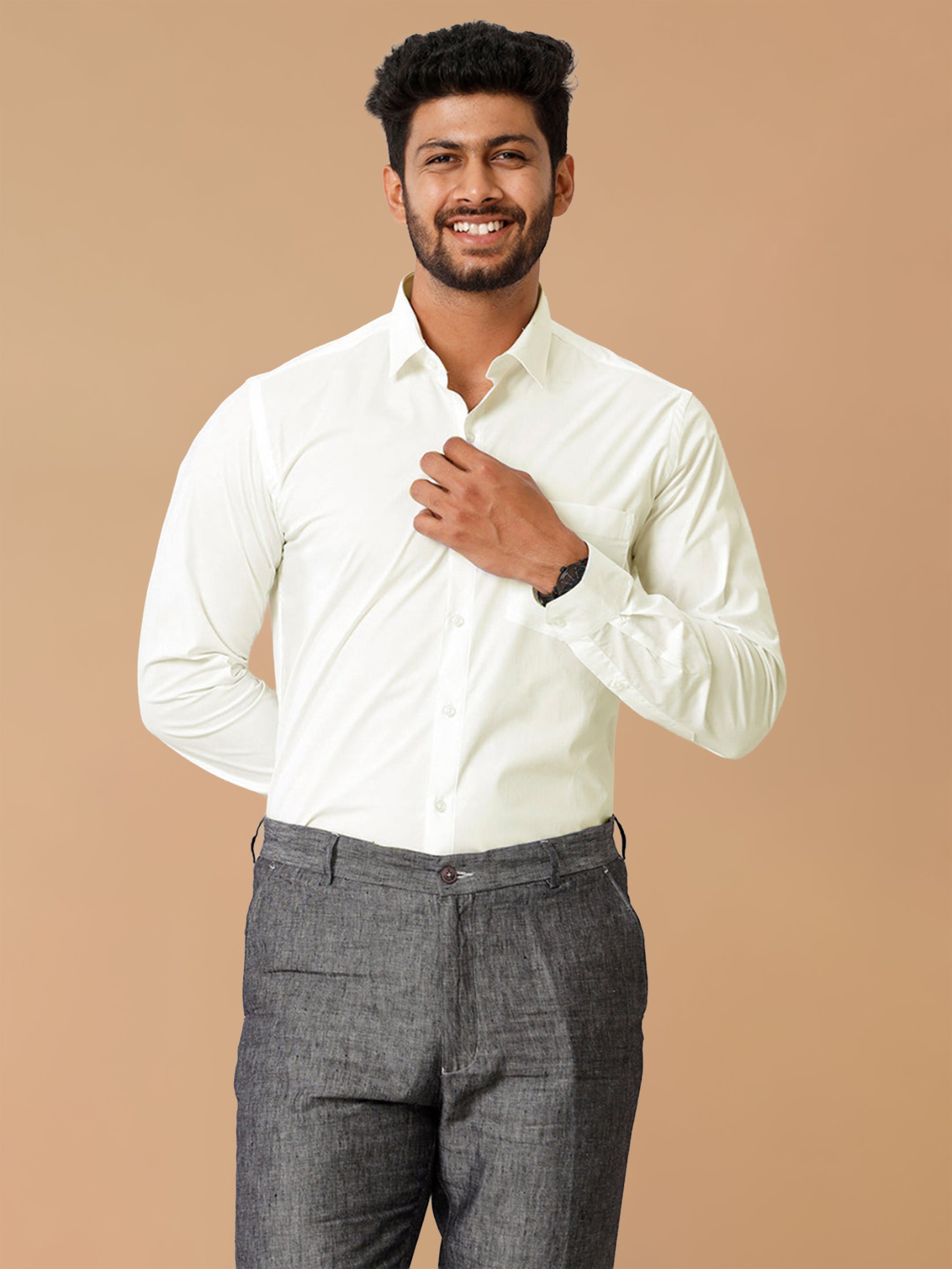 Cotton Spandex Cream 2 Way Stretch Smart Fit Shirt