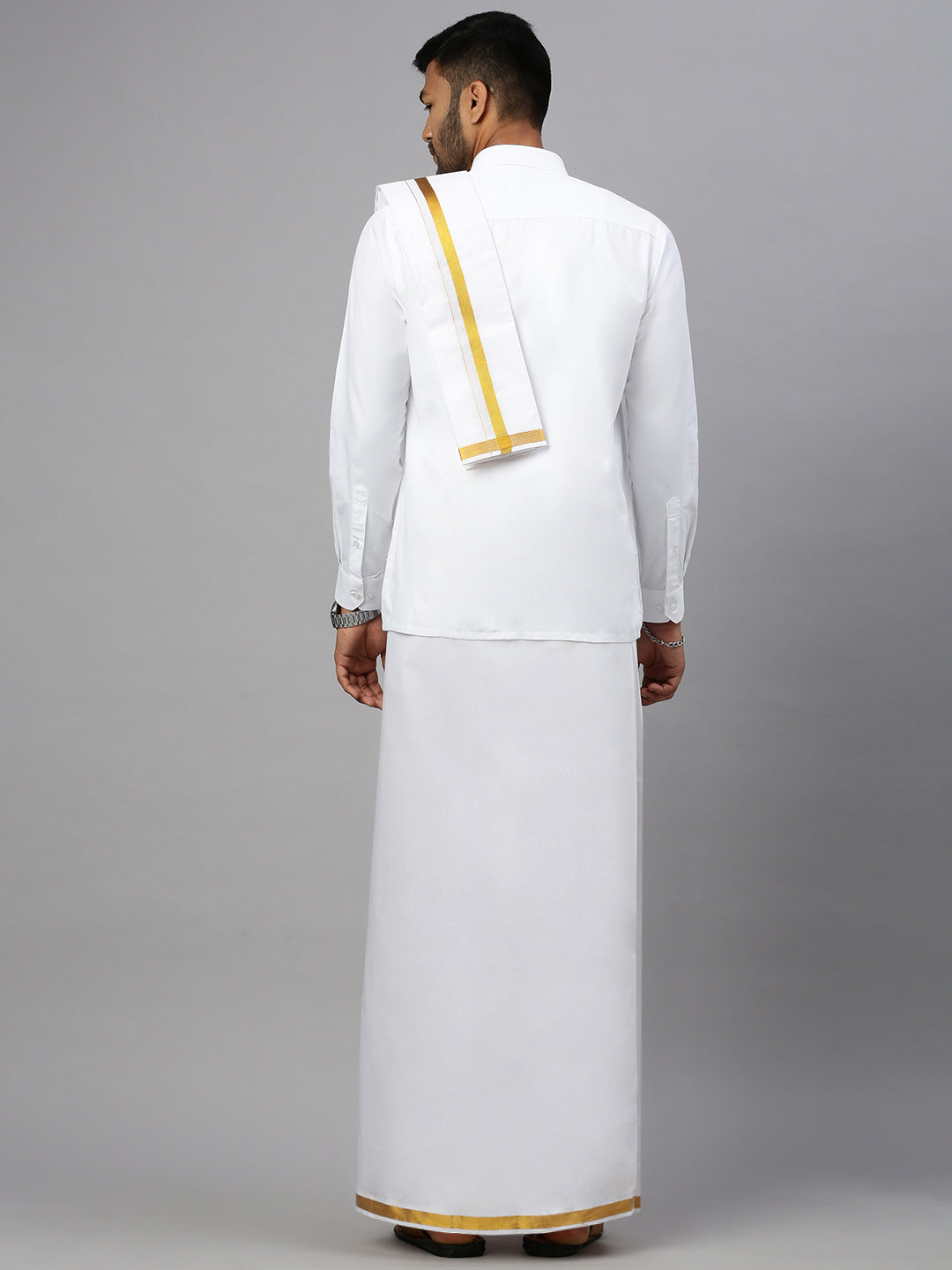 Men White Full Sleeves Shirt with 3/4'' inch Gold Jari Border Double Layer Dhoti & Towel Combo