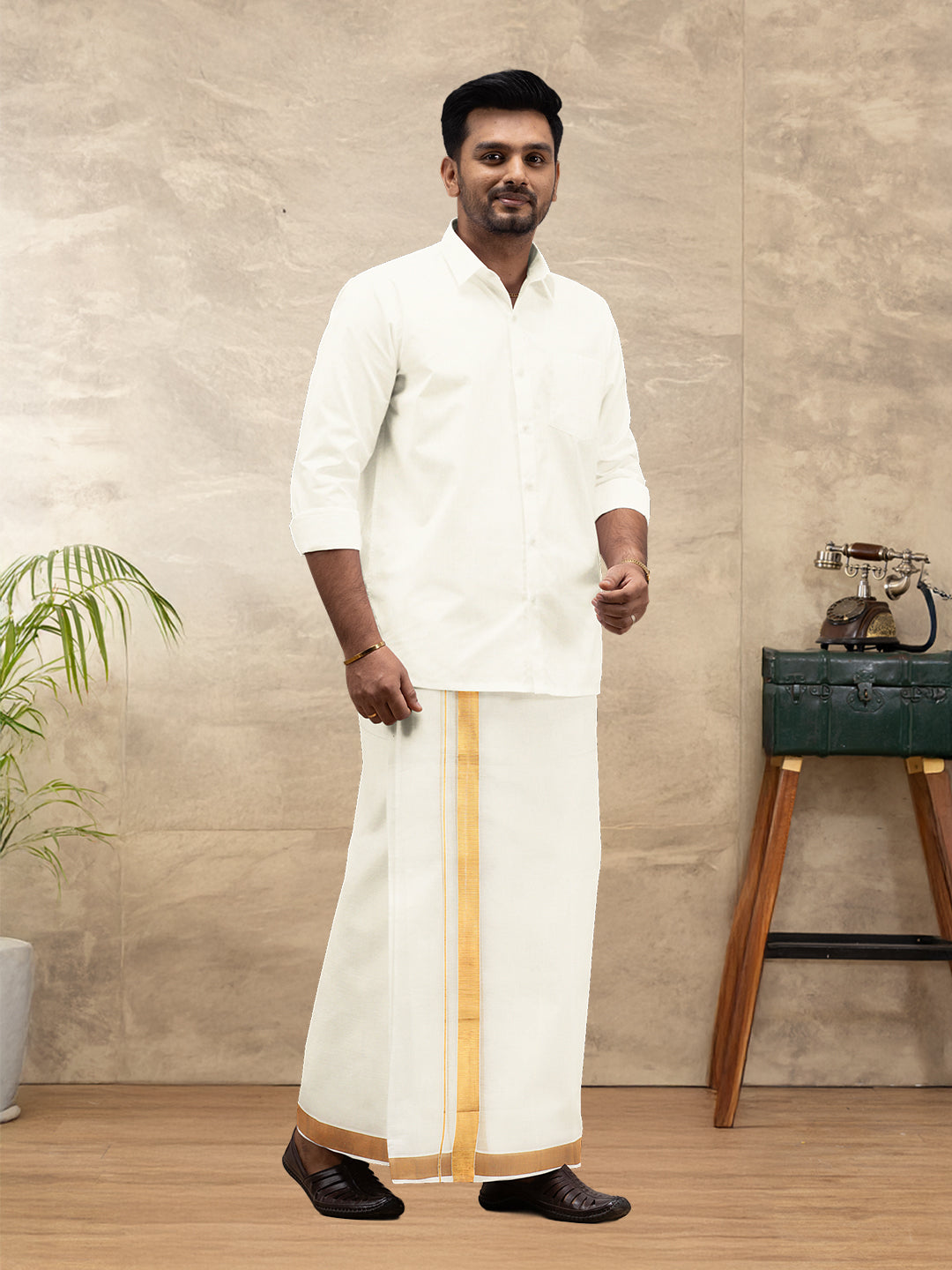 Men Kora Cotton Double Layer Cream Dhoti with 1 1/2"inch Gold Jari Border Mangal