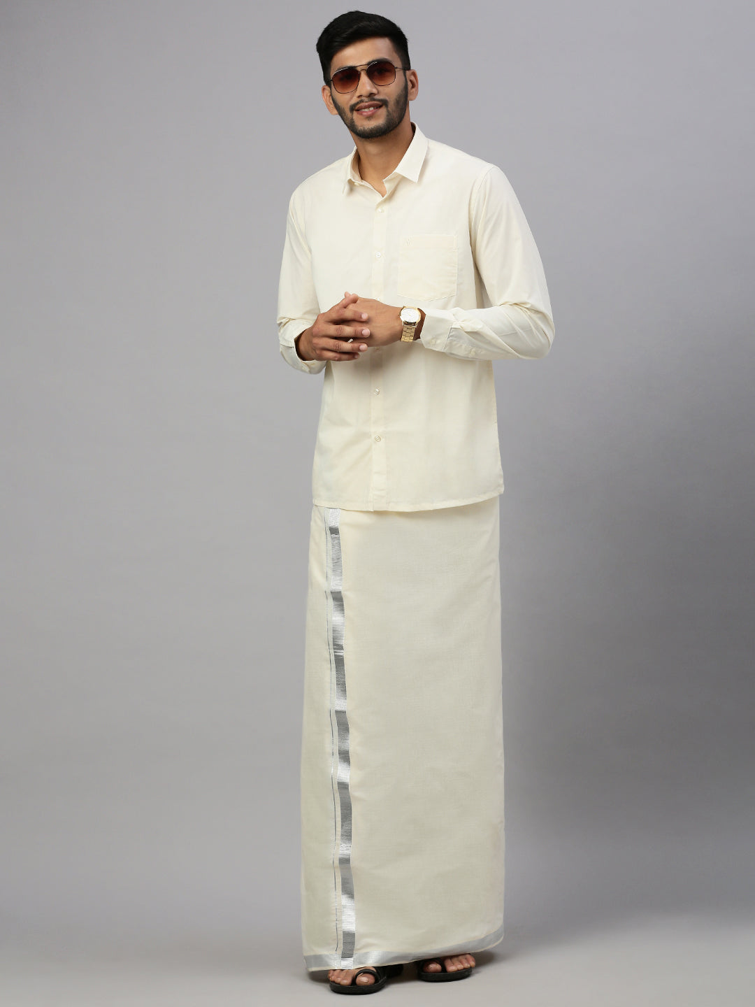 Men Kora Cotton Double Layer Dhoti with 1 1/2" Jari Border Silver Rose