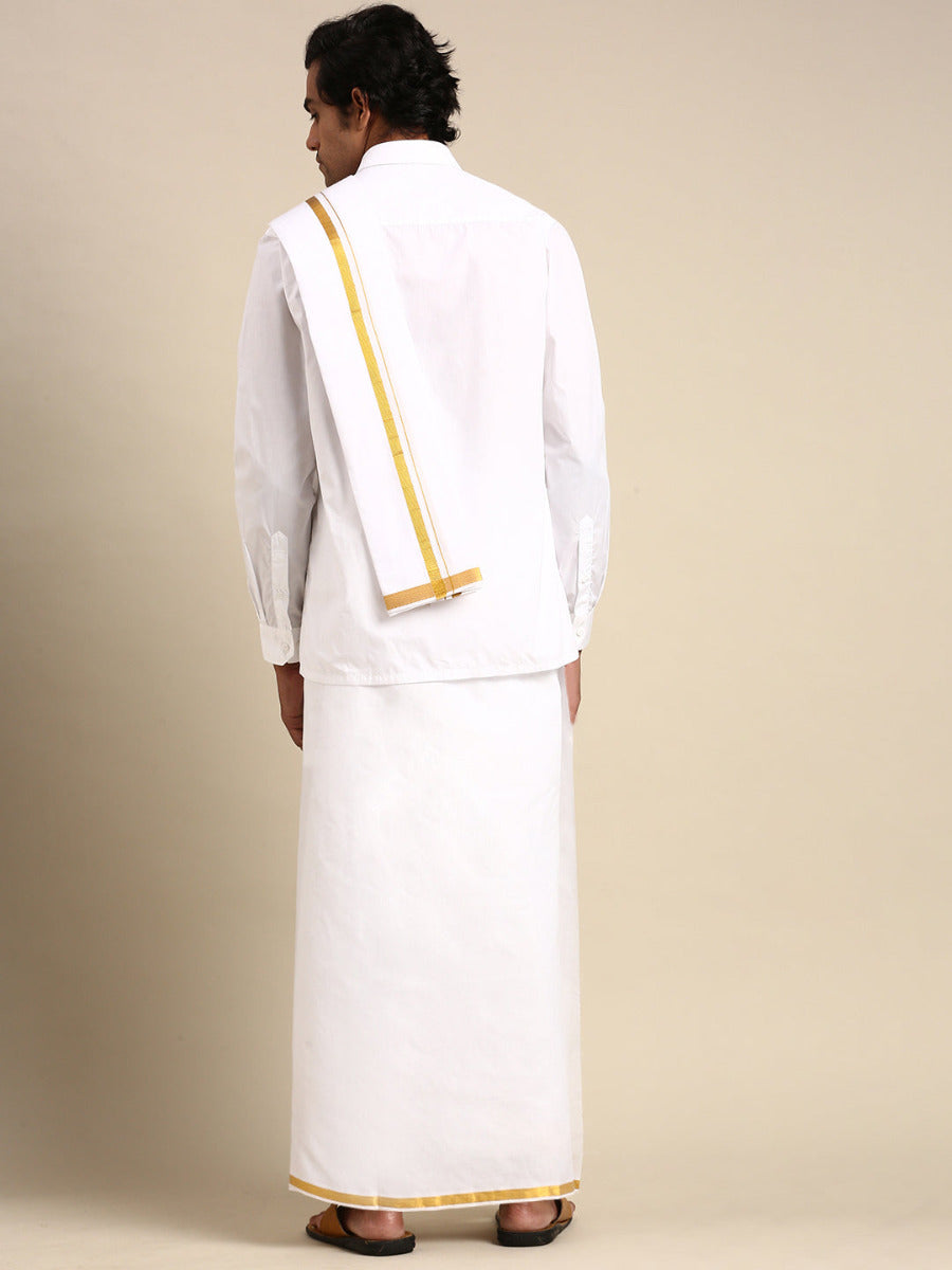 Premium White Full Sleeves Shirt with 1/2" Gold Jari Double Dhoti & Towel Combo-Back view