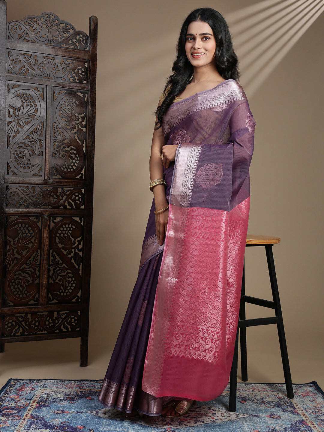 Women Light Purple Kora Cotton Fancy Saree SK110