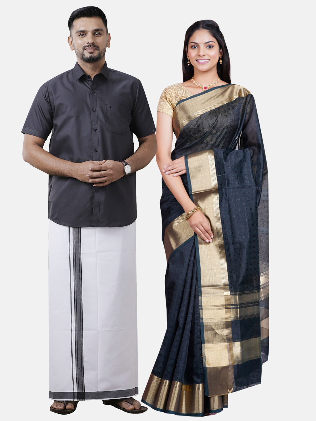 Couple Combo Black Shirt Dhoti With Semi Raw Silk Saree SRS46