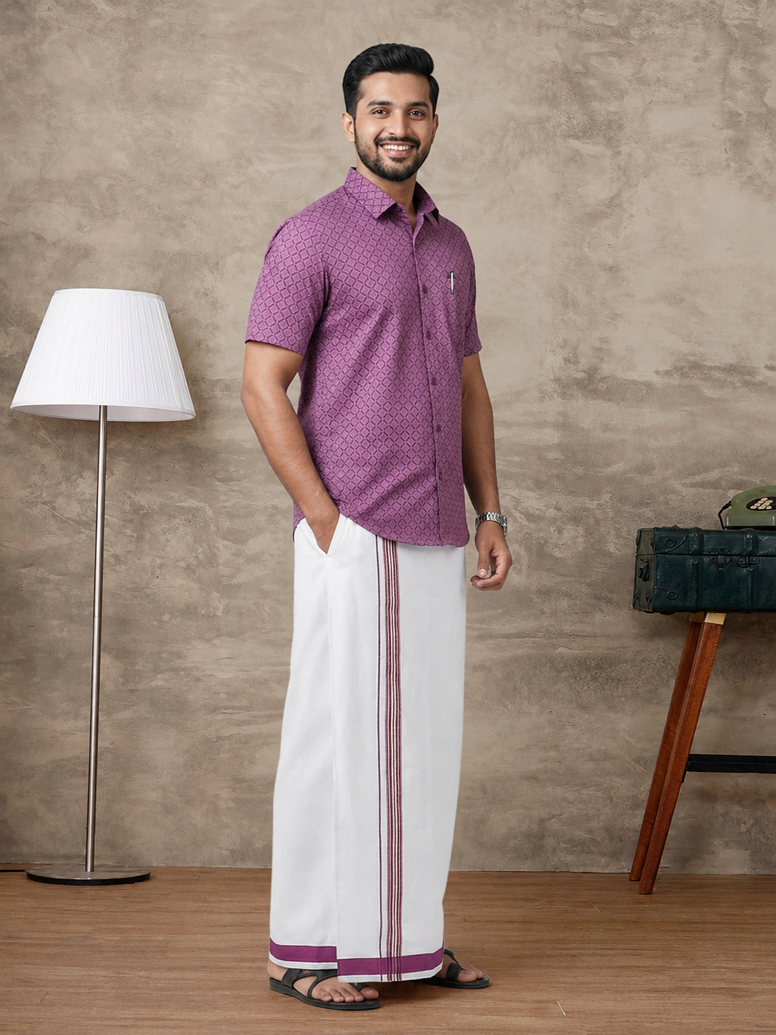 Cotton Rich Dark Megenta Printed Shirt with Matching Border Dhoti Set PS28