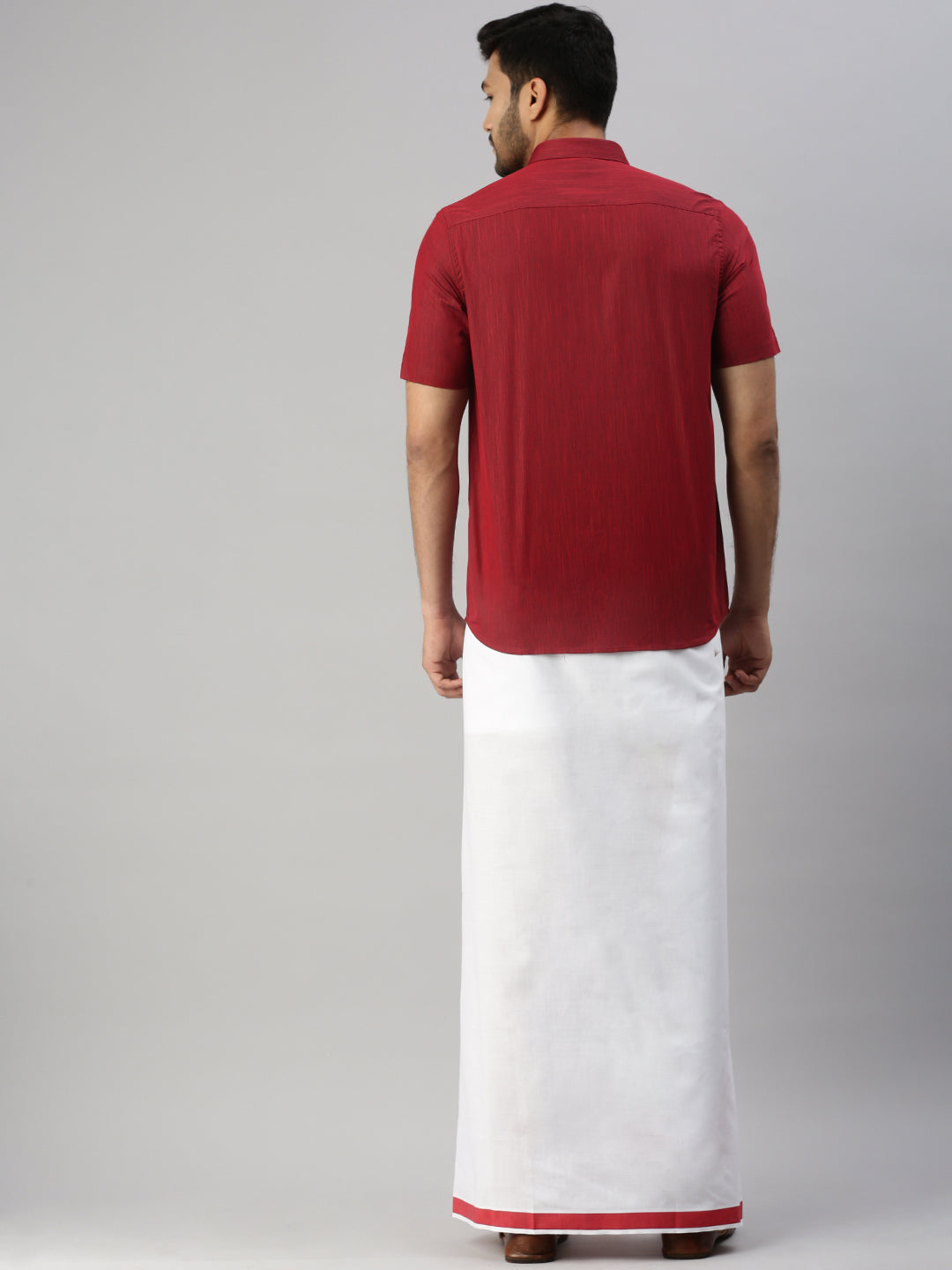 Mens Dark Red Matching Border Dhoti & Half Sleeves Shirt Set Evolution IC9-Back view
