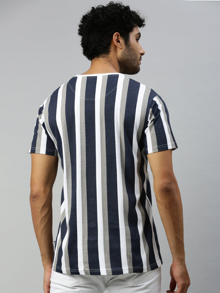 Navy & Grey Striped Graphic Printed Round Neck Casual T-Shirt GT45-Back view