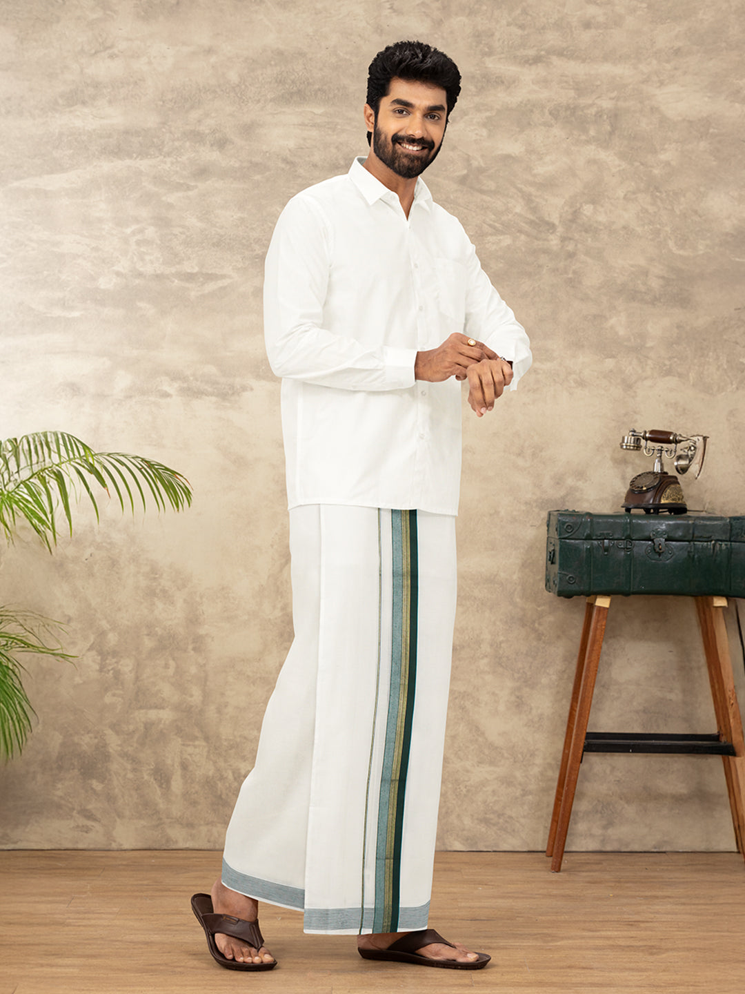 Men Kora Cotton Double Layer Dhoti with Green Fancy Jari Border EGJ17