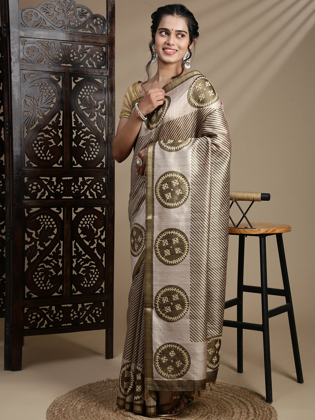 Women Green with Brown Semi Raw Silk Embroidered Saree SRS112