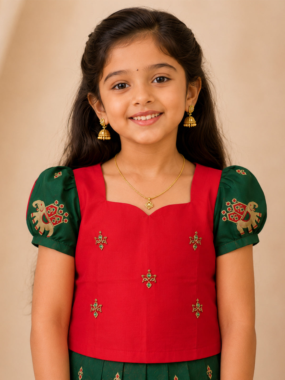 Girls Cotton Red Pattu Pavadai Set GPS41