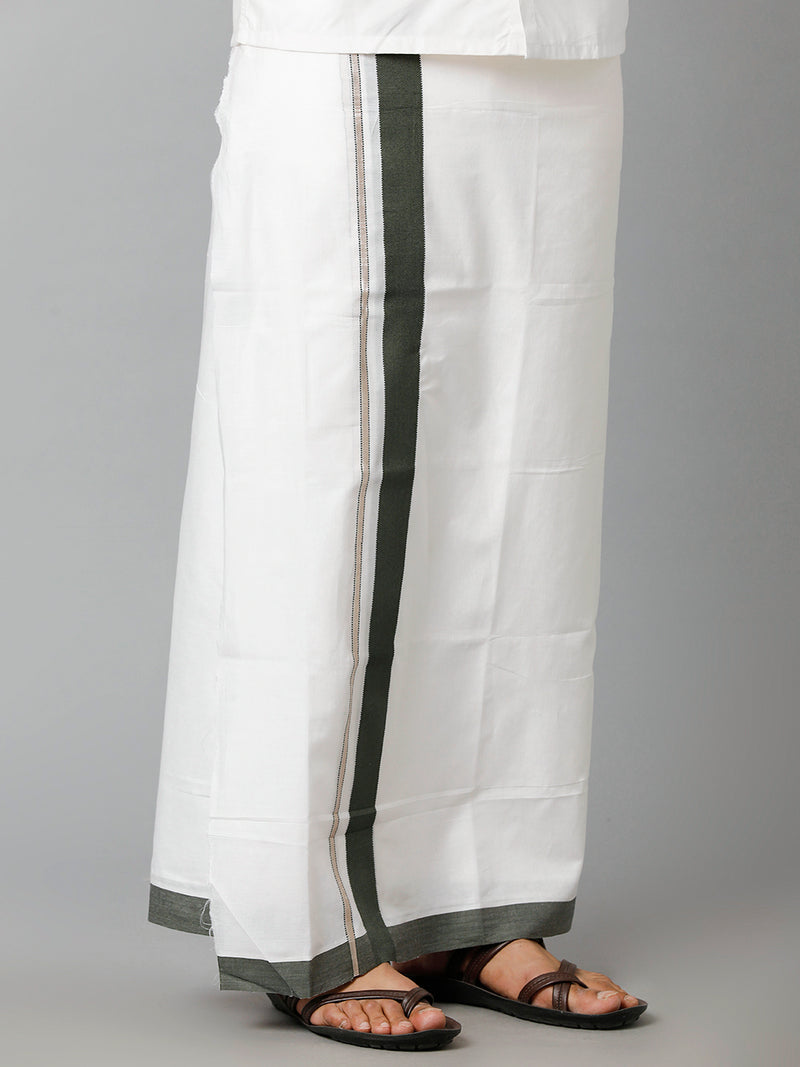 Mens 100% Cotton Double Dhoti with Dark Green Border Shukla Jari Fancy