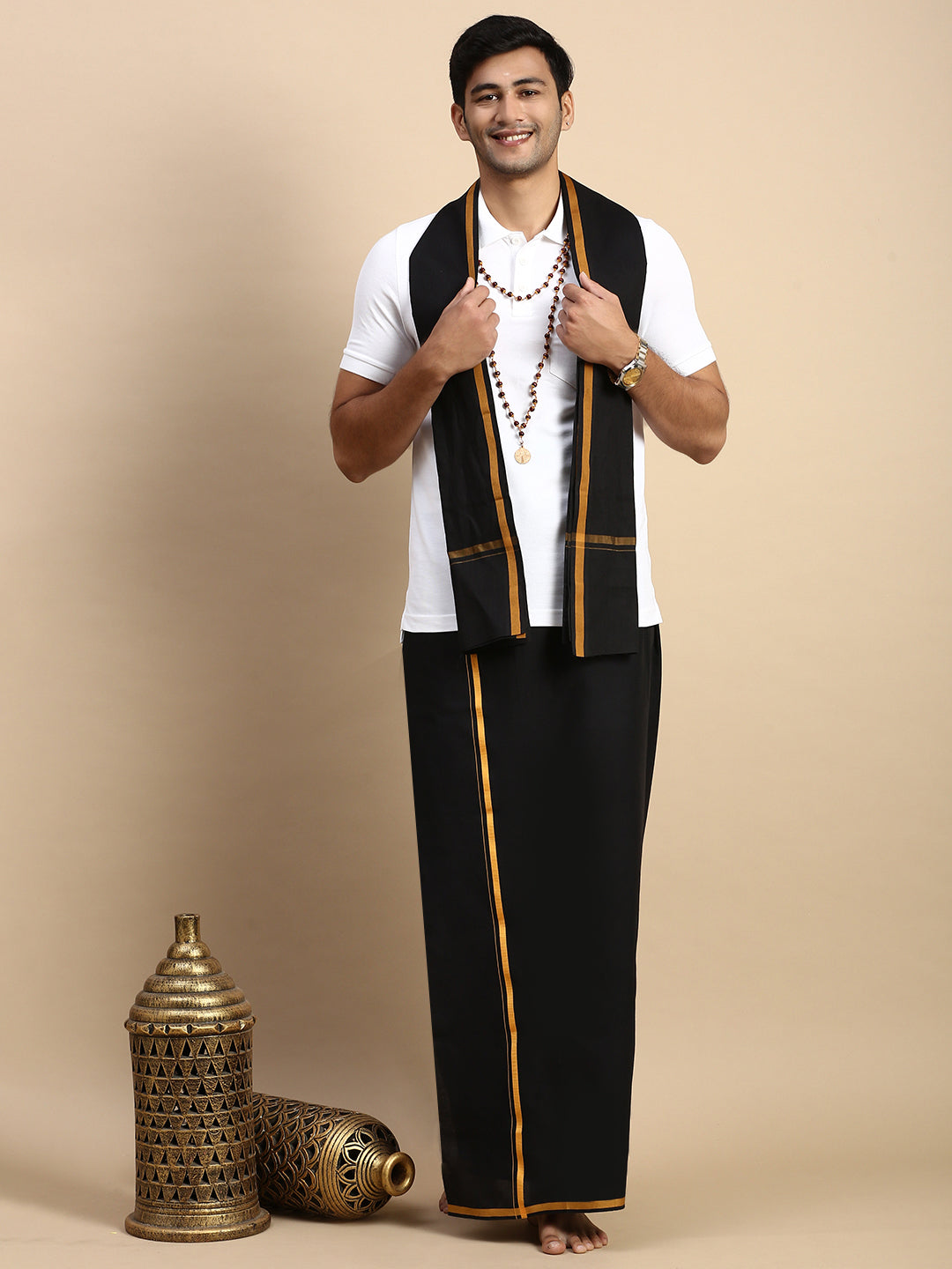 Men Devotional Big Border Dhoti with Towel & TShirt Set Black EP1