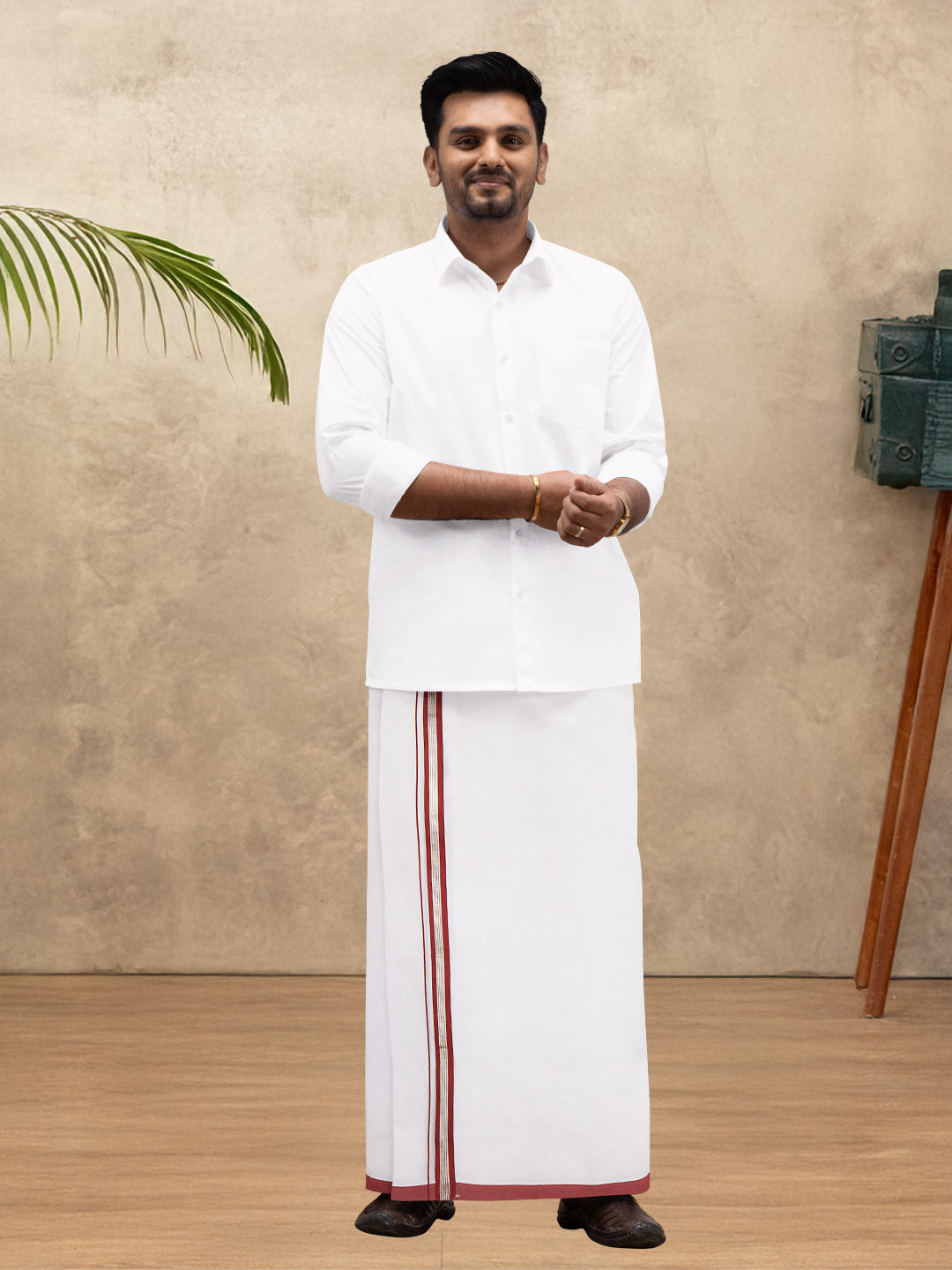 Men 100% Cotton Double Layer White Dhoti with Fancy Jari Border RG04