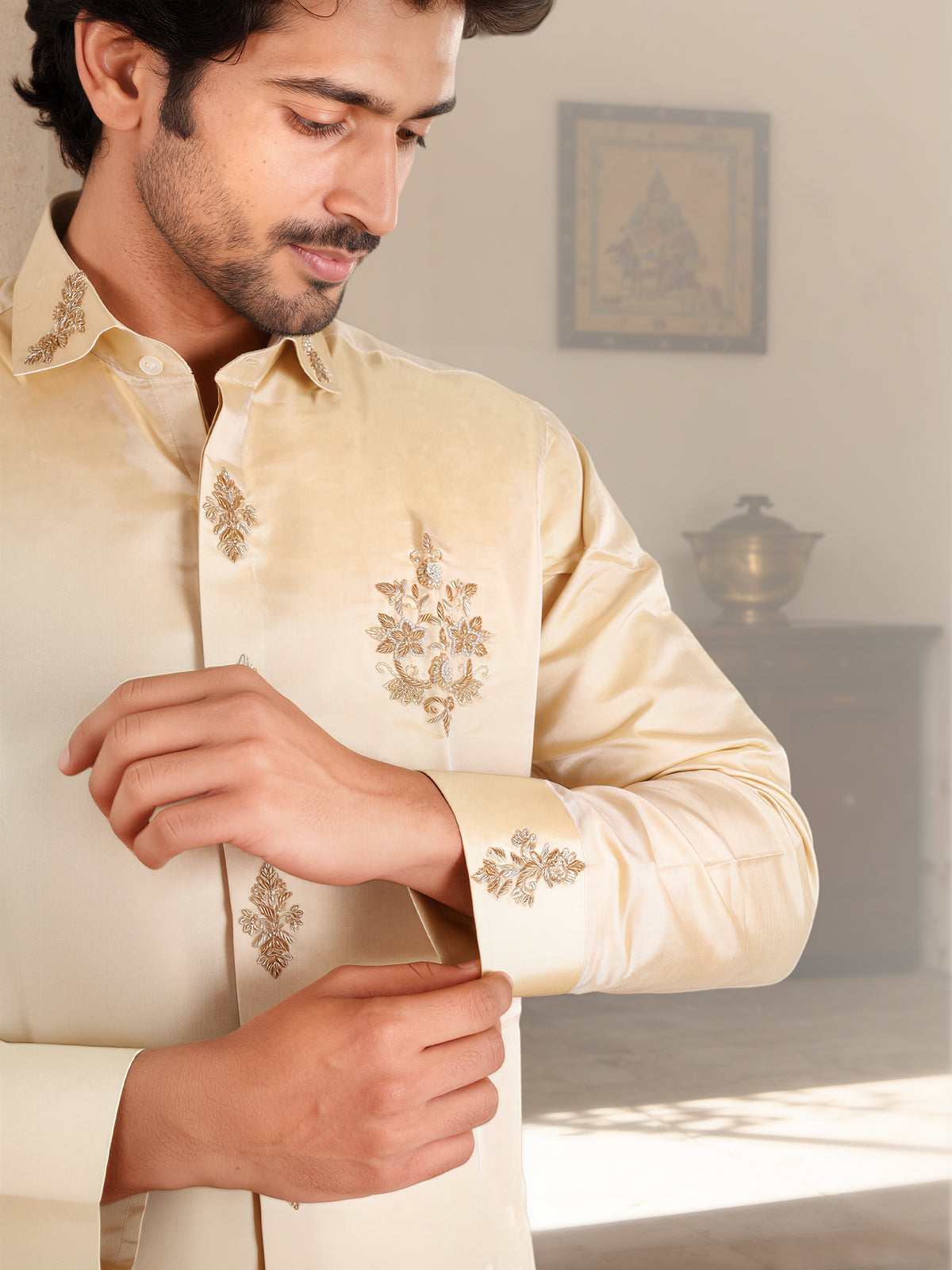 LAGNAA Premium Pure Tussar Silk Hand Embroidered Designer Shirt & Dhoti Set with Royal Butta Detailing Signature Chest Emblem Jari | Rajarudhran