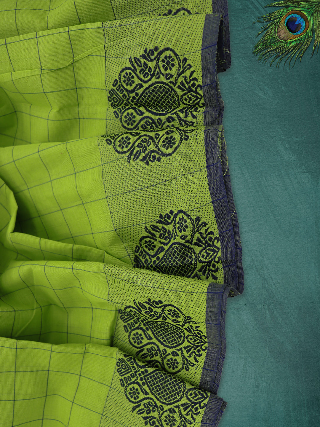 Women Parrot Green Checks Pure Chettinad Cotton Saree PCS222