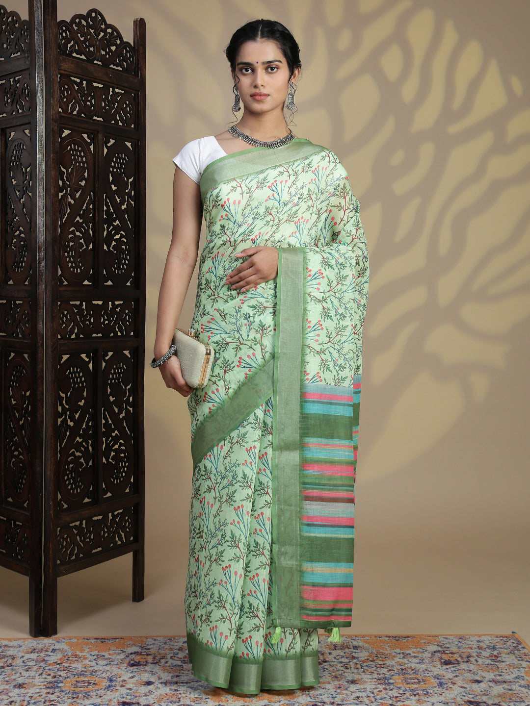 Women Green Semi Linen Saree SL234