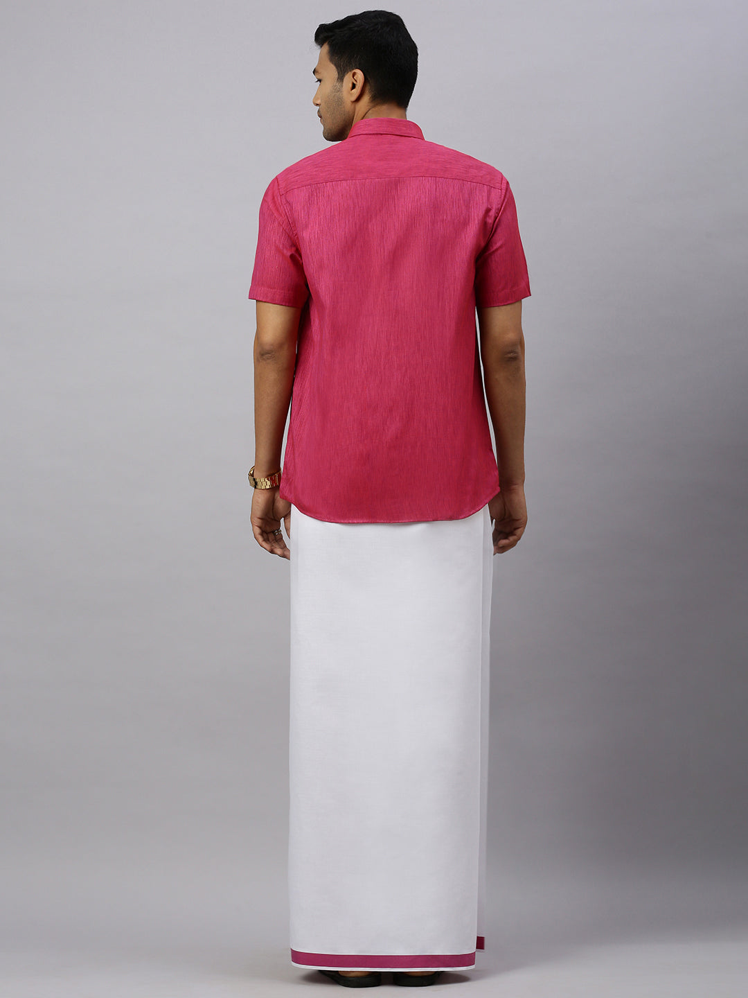 Mens Magenta Matching Border Dhoti & Half Sleeves Shirt Set CV2