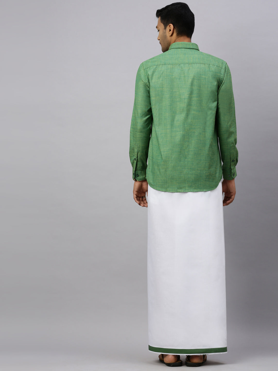 Mens Evolution Green Matching Border Dhoti & Full Sleeves Shirt Set