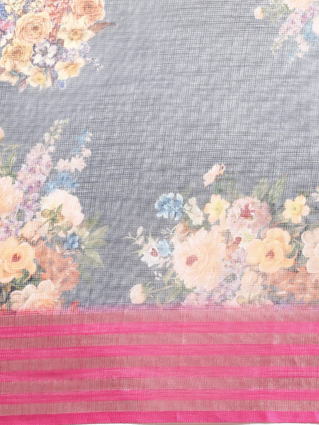 Semi Linen Flower Dark Grey & Pink Colour Semi Linen Saree SL29-Pattern view