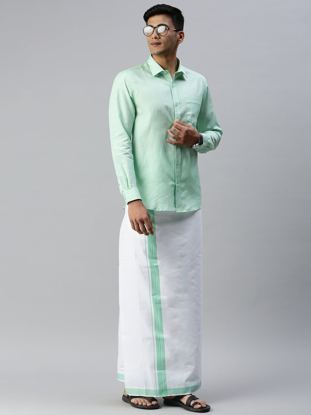 Mens Matching Border Dhoti & Shirt Set Full Light Pista Green C83-Front view