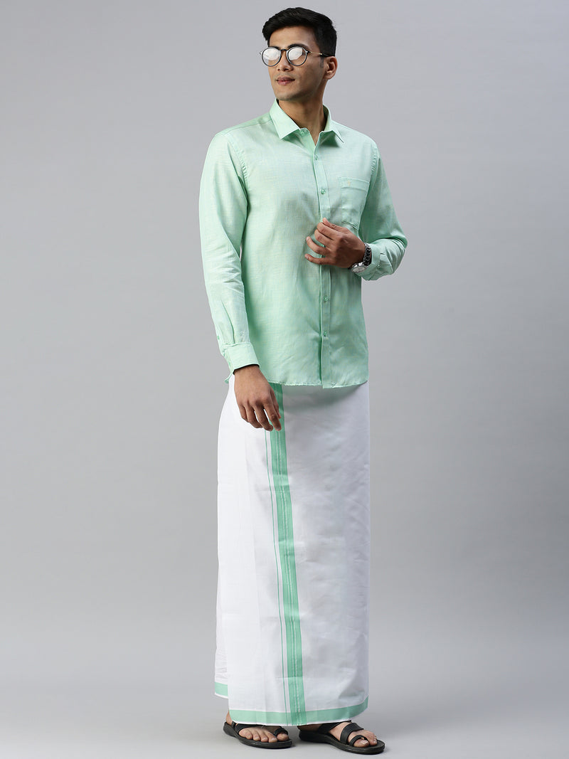 Mens Matching Border Dhoti & Shirt Set Full Light Pista Green C83