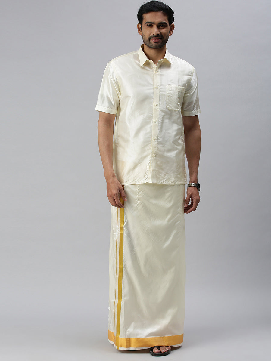 Mens Pure Silk Cream Shirt Half Sleeves with Dhoti Combo Silk Mark