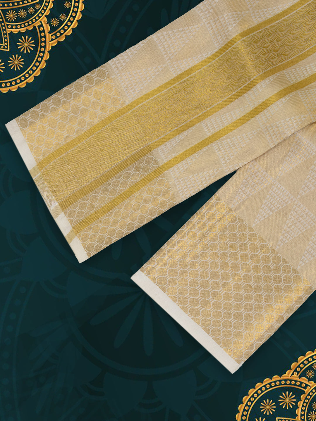 Men Premium Pure Silk Gold Tissue Emboss Design Dhoti Shirting & Towel Set with 5" inch Gold Jari Border RJ04