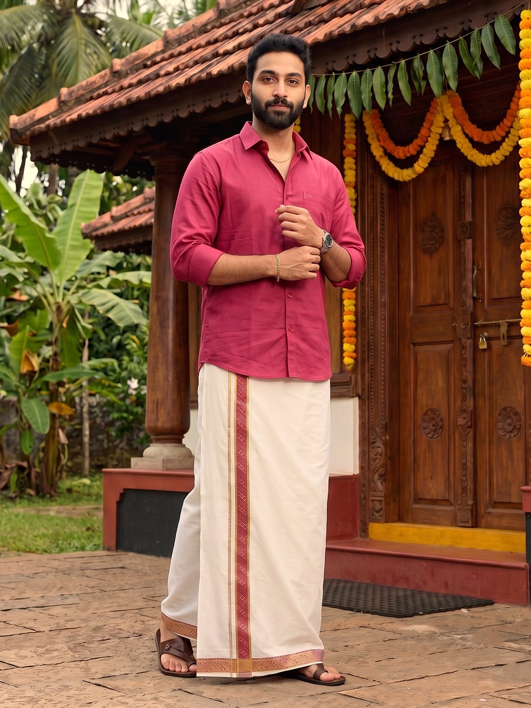 Double Layer 100% Cotton Cream Kora Dhoti with Colour Jari Border - CF03