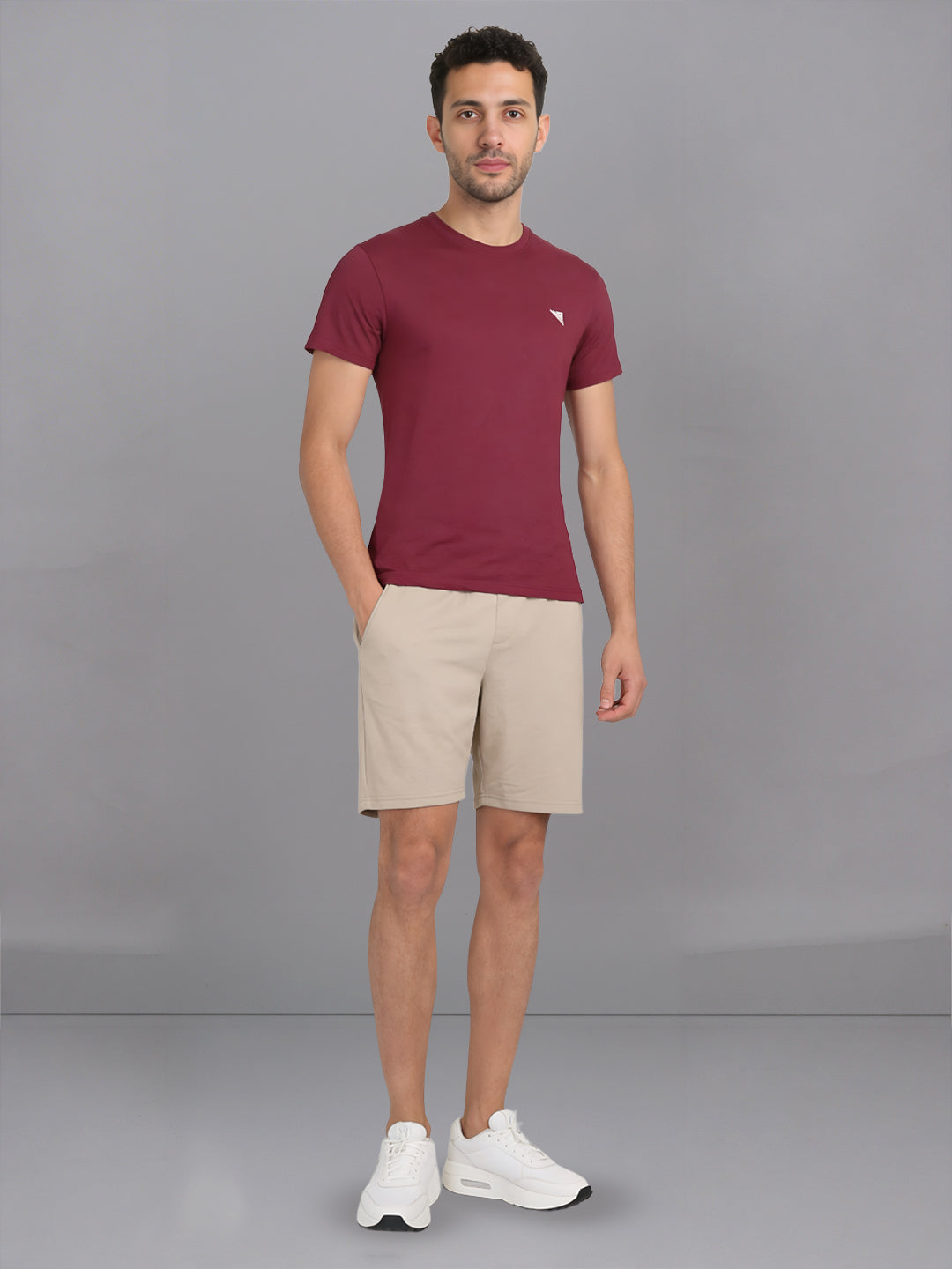 Men Burgandy Crew neck T-Shirt with Beige Shorts Combo ES6