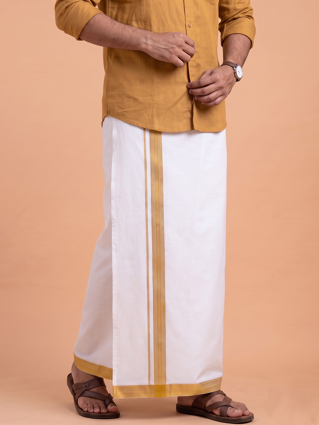 Single Layer 100% Cotton White Dhoti With 1 1/2 Inch Jacquard Gold Jari Border - GG06