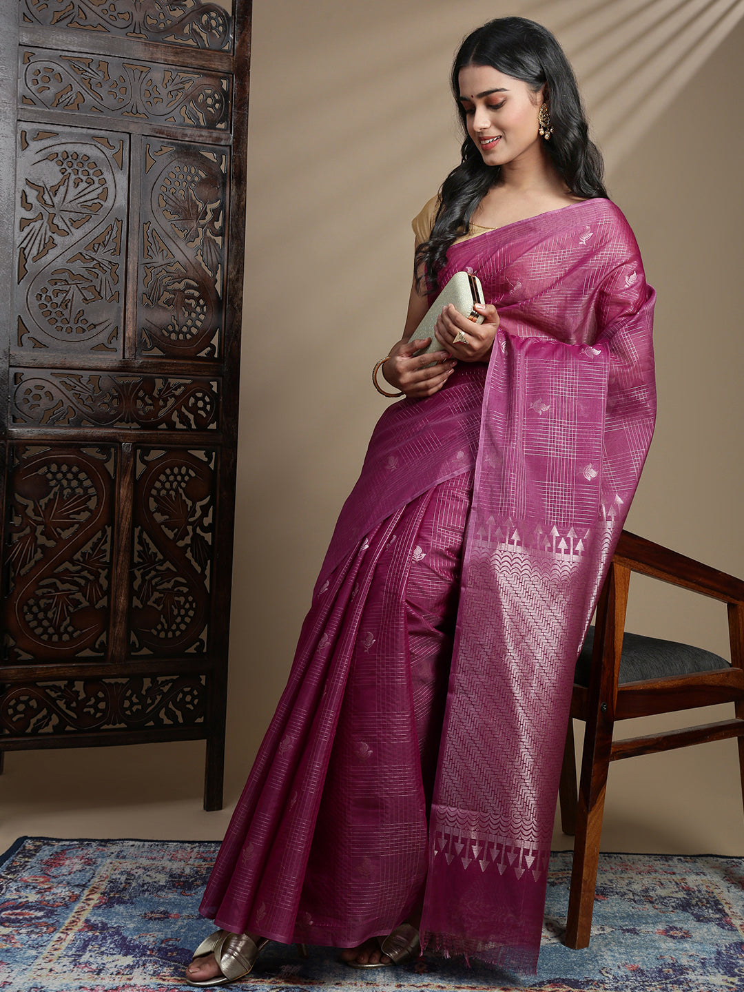 Women Purple Semi Kora Cotton Saree SK125