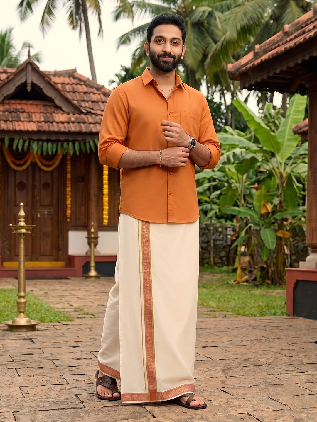 Double Layer 100% Cotton Cream Kora Dhoti with Colour Jari Border - CF04