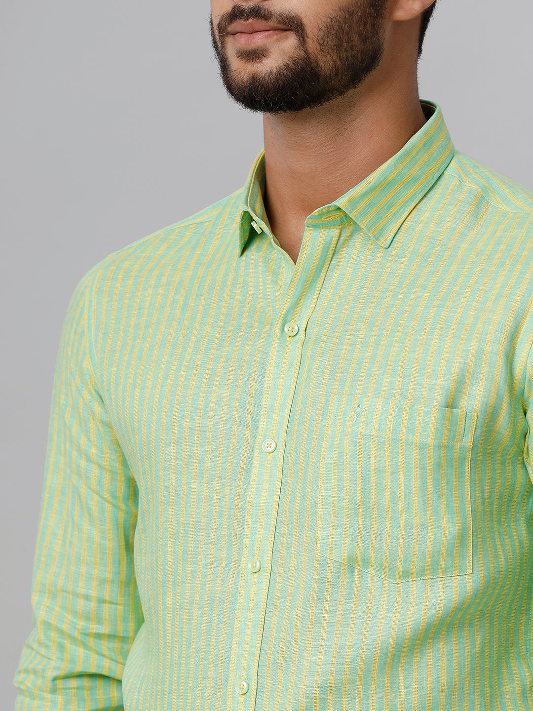 Mens Pure Linen Striped Full Sleeves Green & Yellow Shirt LS6-Zoom view
