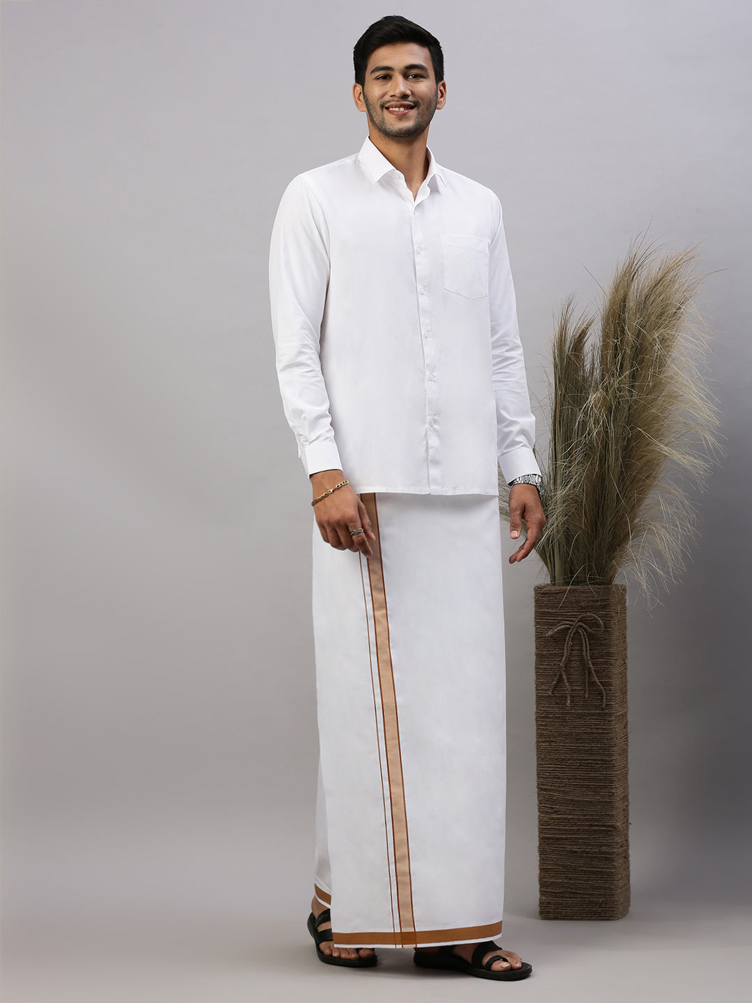 Men White Shirt with Brown Fancy Border Dhoti Combo WP08