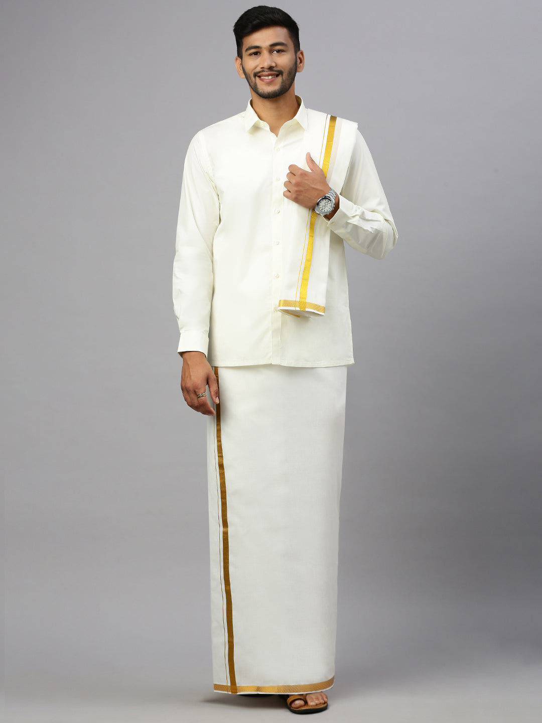 Men Cream with 1" inch Gold jari Border Dhoti Shirt & Towel Set Subhakalyan