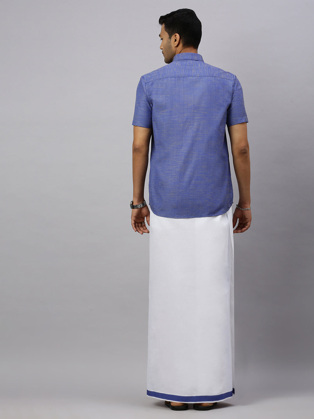 Mens Evolution Blue Matching Border Dhoti & Half Sleeves Shirt Set