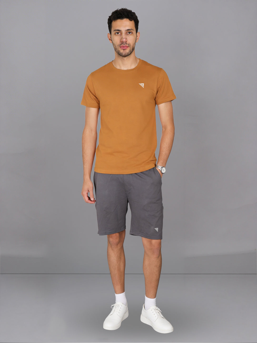 Men Mustard T-Shirt and Grey Shorts Combo ES5